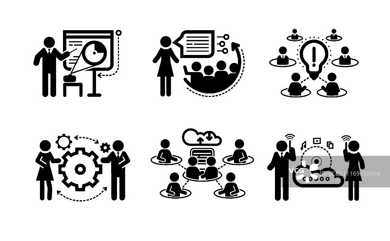 黑色会议图标：商务演示团队合作概念，商务人士间的互联网云图片素材