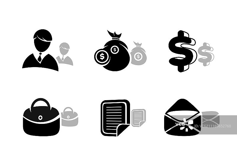 黑色商务金融图标集：包含商务人士、文档、钱袋、公文包图片素材