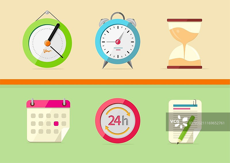 时间和日期图标在卡通设计风格。一套手表沙漏闹钟日历记事本图片素材