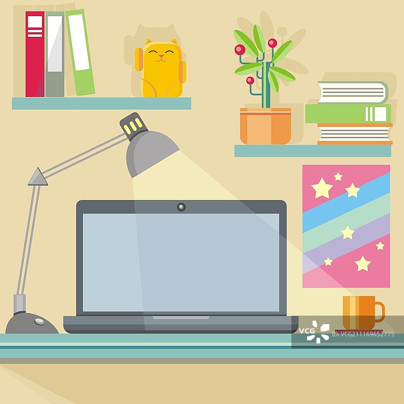 扁平风格工作区与笔记本、台灯、书籍、文件夹、植物和家具概念设计图片素材