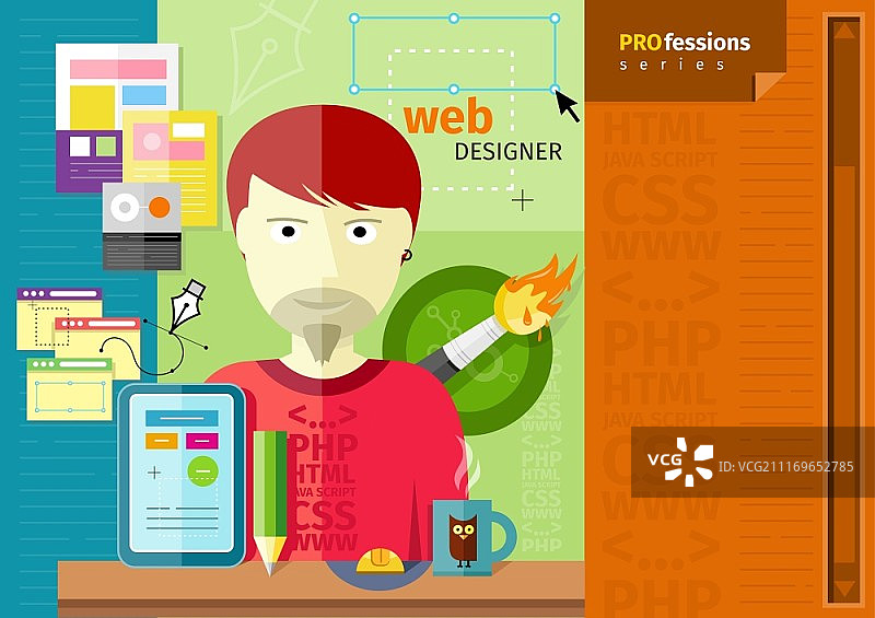 职业概念：男性网页设计师在工作场所使用平板电脑和各种设计工具图片素材