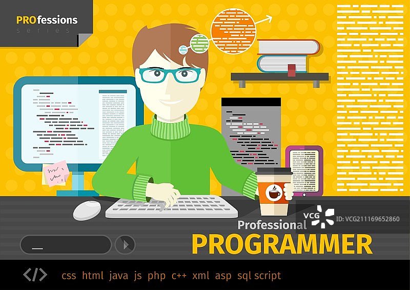 专业概念：男性程序员在工作场所使用电脑和咖啡纸杯图片素材