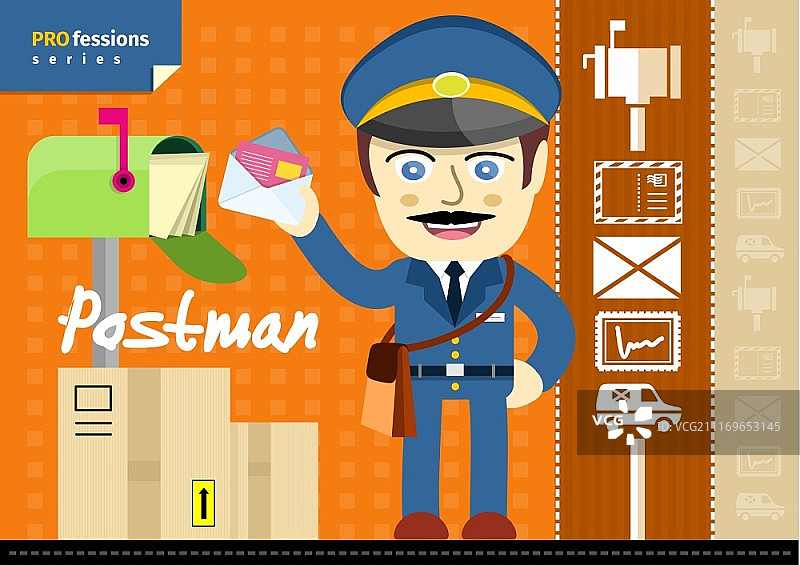 身穿制服、留着胡须的邮递员，拿着包和信件站在邮箱旁图片素材