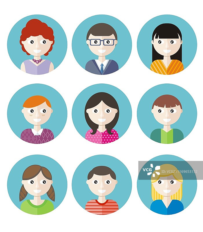 卡通风格的彩色青少年男女头像图片素材