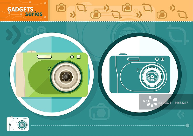 小工具系列：绿色背景上带有设备轮廓的彩色和无色数码相机图片素材