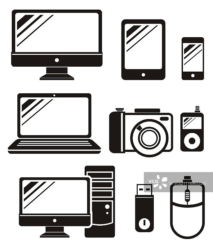 带摄像头、智能手机、平板电脑、笔记本电脑、台式电脑的数字设备黑色图标集图片素材
