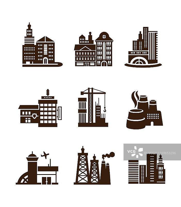 各种类型的建筑：城市建筑图标合集，如机场、电视塔、工厂、银行、摊位、剧院图片素材