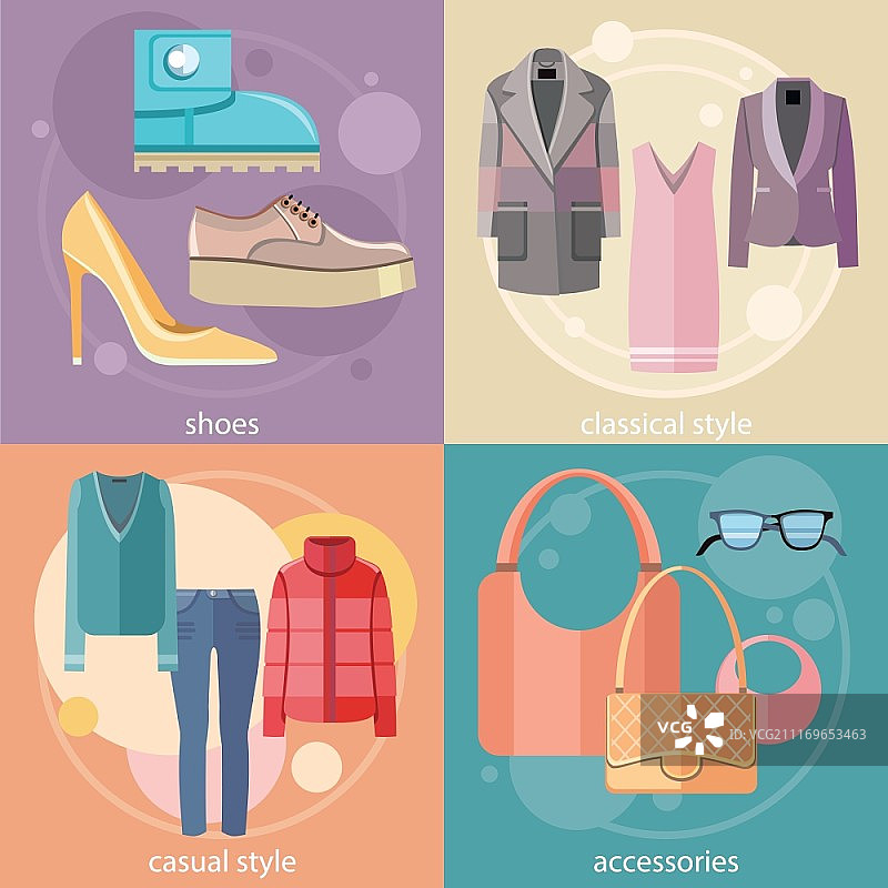 四个彩色banner上的扁平风时尚设计服装和配饰元素图片素材