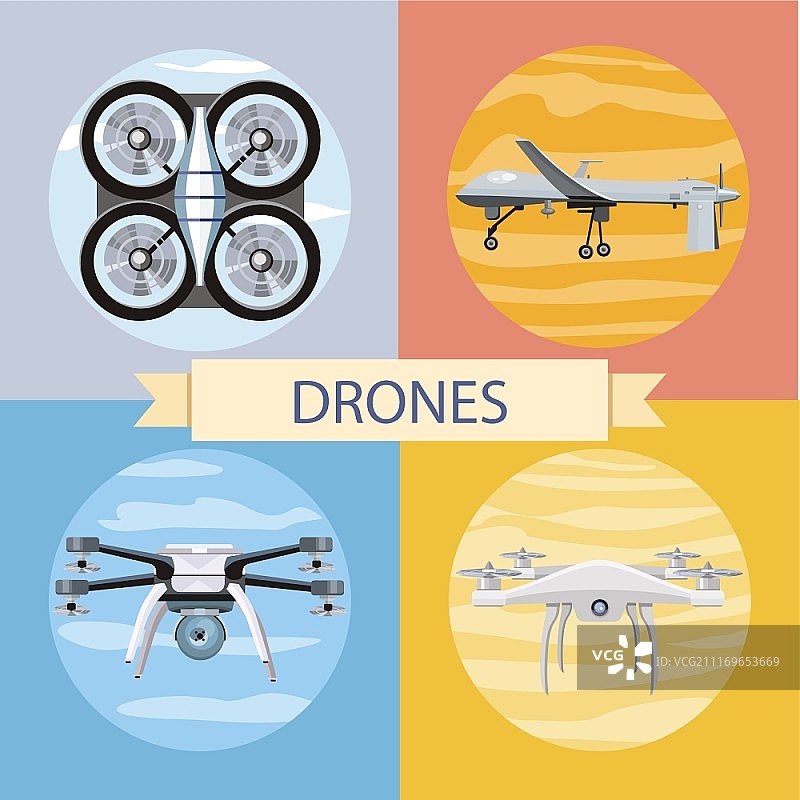 用于航拍摄影或视频拍摄的无人机，各类型四轴飞行器图标，扁平设计风格，可用于网页横幅、营销和促销材料、演示模板图片素材