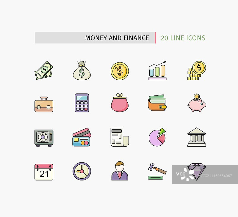 金融服务项目、银行会计工具、股市全球交易和货币对象及元素合集。扁平细线图标现代设计风格图片素材