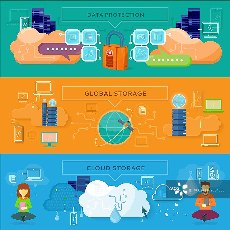 数据保护、全球存储和云存储插画图片素材