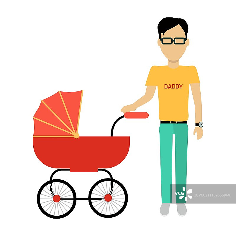 父亲推着婴儿车扁平风格banner设计。父母和婴儿，年轻的父亲和蹒跚学步的孩子，男性和父爱，爱和幸福，矢量插画图片素材