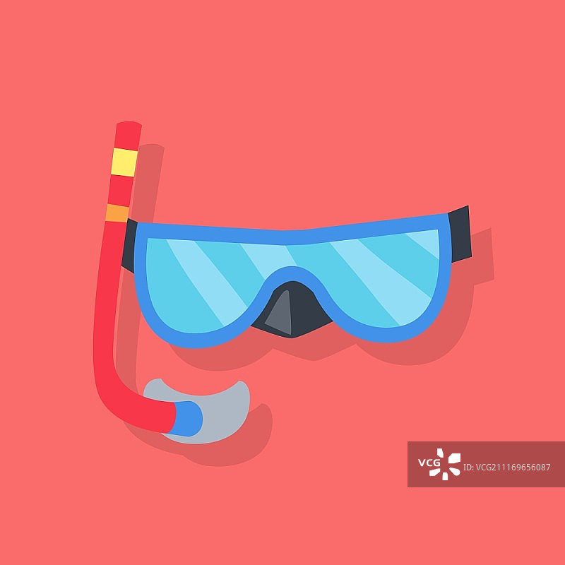 潜水面罩和呼吸管。蓝色面罩和红色呼吸管，带呼吸管潜水，与红色背景隔离。矢量图图片素材