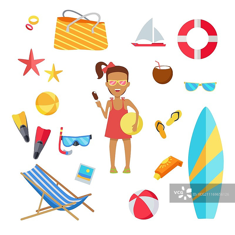 夏季假日设计扁平风配件。沙滩排球、救生圈和人字拖、太阳镜和充气冰淇淋女孩，白色背景上隔离。矢量图图片素材