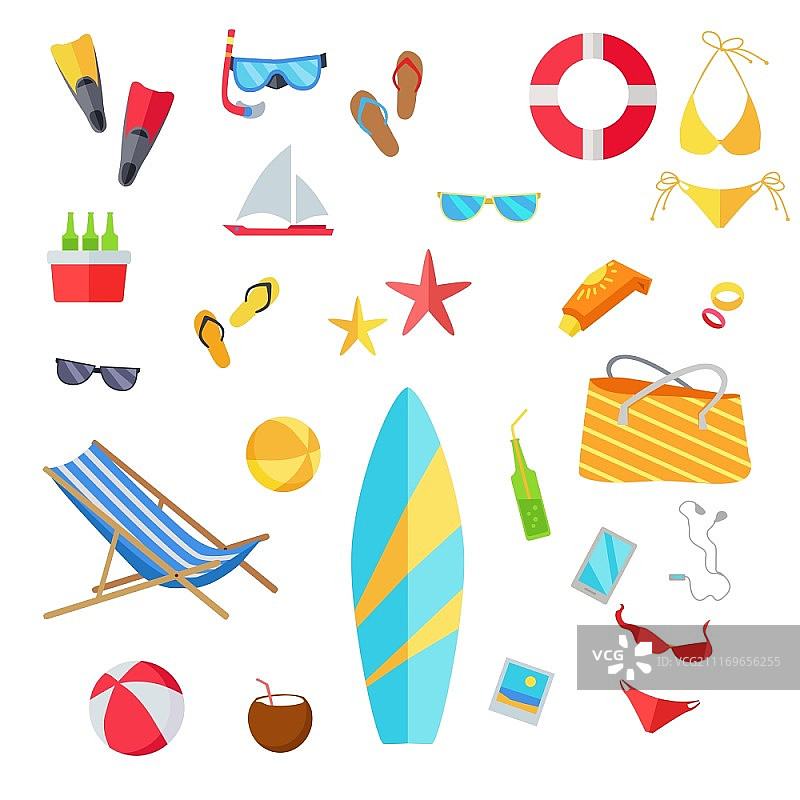 夏季假日配件扁平化设计：沙滩排球、救生圈、人字拖、太阳镜和充气冰淇淋，白色背景矢量图图片素材