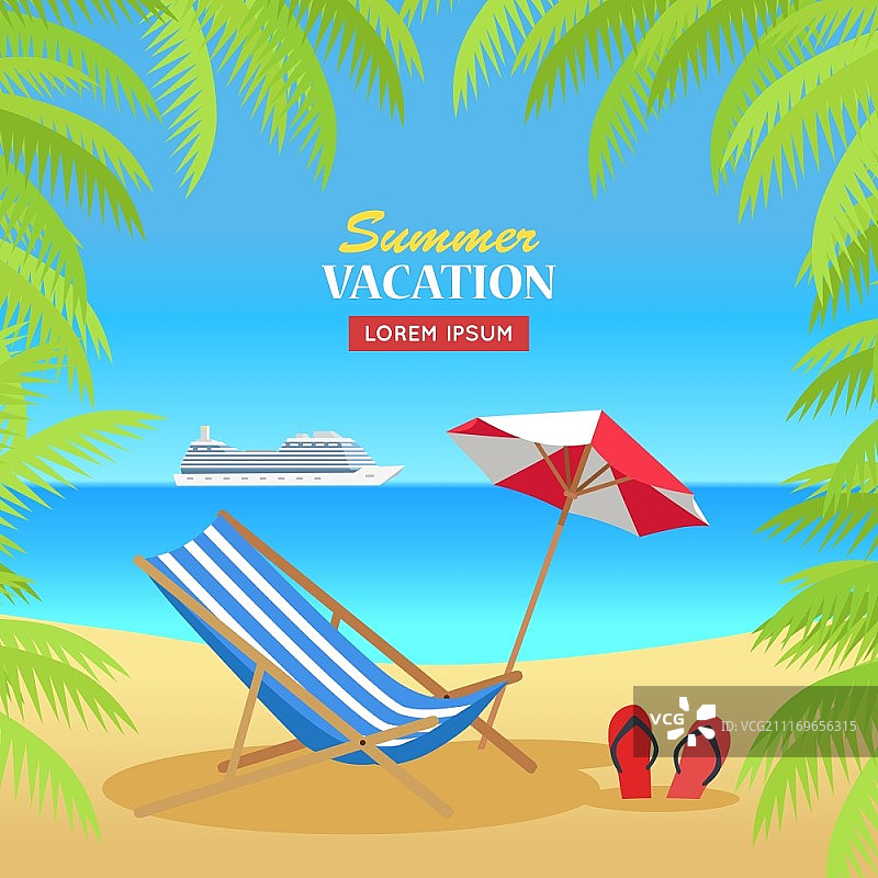 夏季假期概念banner、扁平风格设计矢量图、热带阳光海滩休闲与棕榈树、沙滩椅、遮阳伞和棕榈树与地平线上的游轮插图图片素材