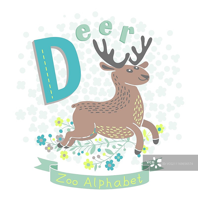 字母D - 鹿，带有可爱动物的字母表图片素材
