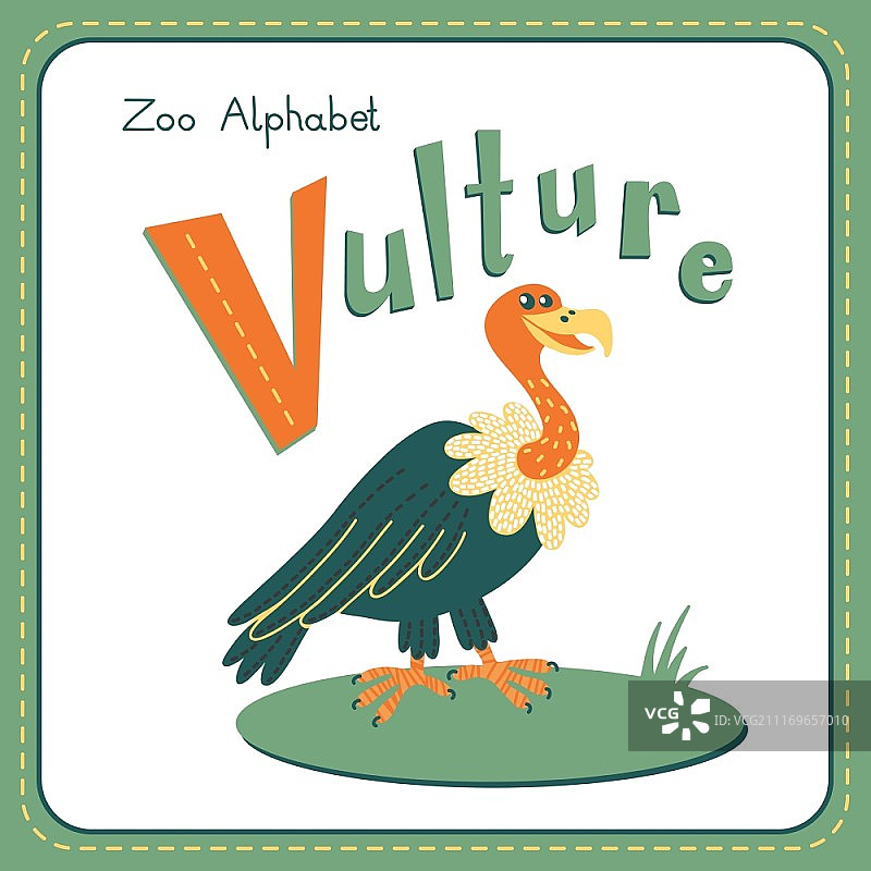 字母V - 秃鹰，带可爱动物的字母表，矢量图，我的作品集中提供此套装的其他字母图片素材