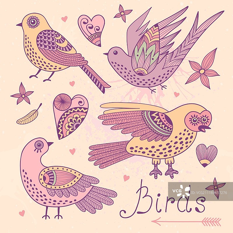 鸟与心形图案矢量素材：手绘设计元素图片素材