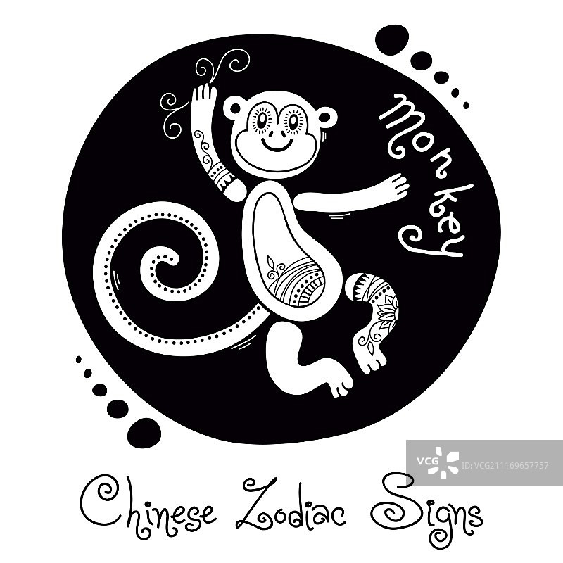 猴子：中国生肖剪影与民族饰品矢量图图片素材