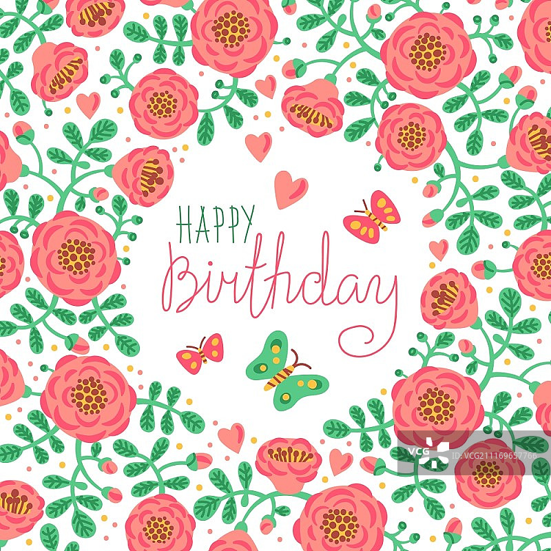 带有可爱花朵和蝴蝶的复古生日贺卡矢量图图片素材