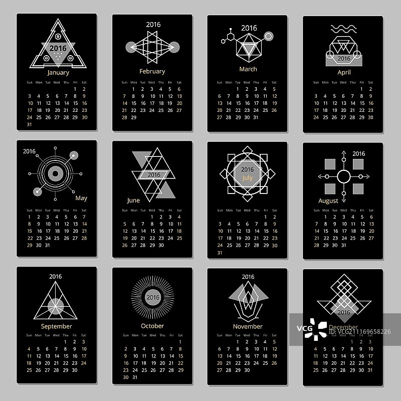 2016年欧洲日历网格与抽象几何图案矢量图图片素材
