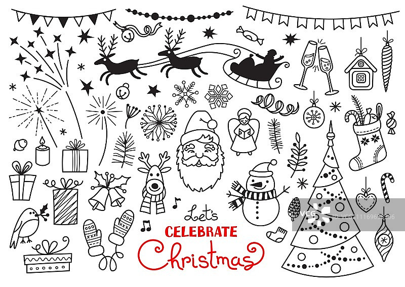 圣诞节涂鸦角色和装饰品套装。圣诞老人、驯鹿、圣诞树、雪人……白色背景上的手绘矢量图图片素材