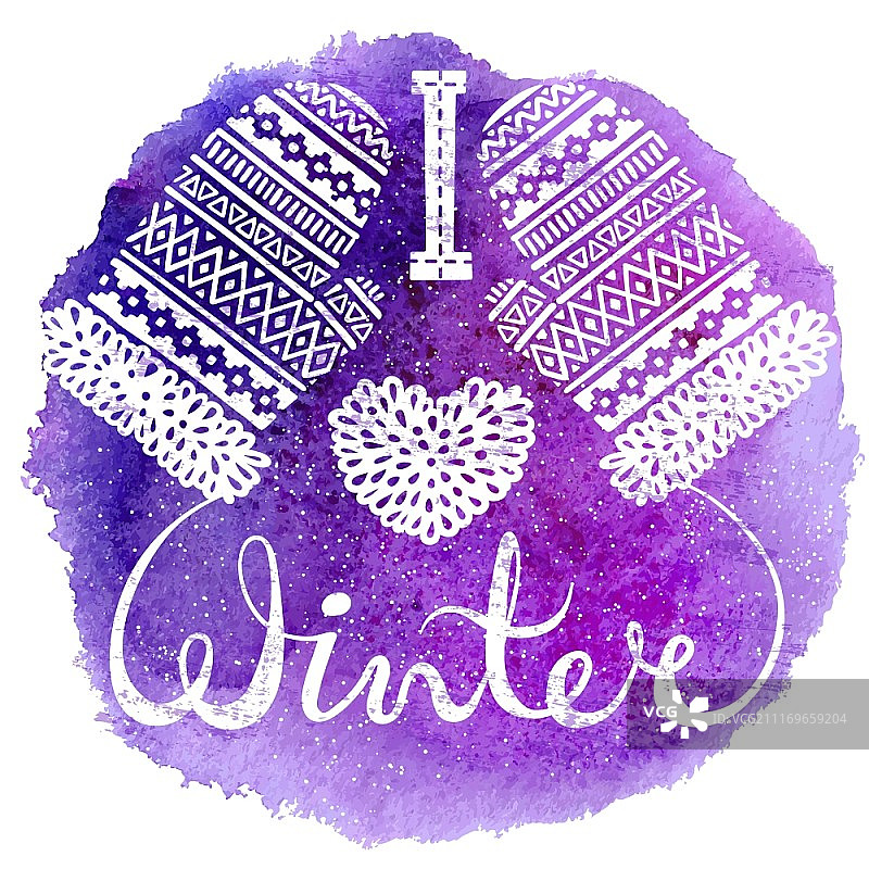 我喜欢冬天文字和针织羊毛手套水彩背景心。横幅或标签的季节性购物概念设计。我喜欢冬天文字和针织羊毛手套水彩背景心。横幅或标签的季节性购物概念设计。孤立的矢量图。图片素材