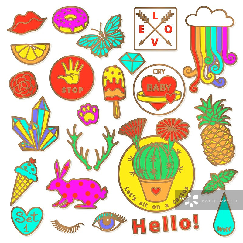 80-90年代卡通漫画风时尚徽章元素图片素材