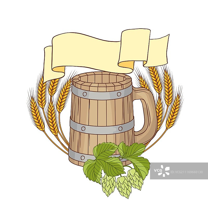 桶装小麦啤酒杯、啤酒花矢量插画图片素材