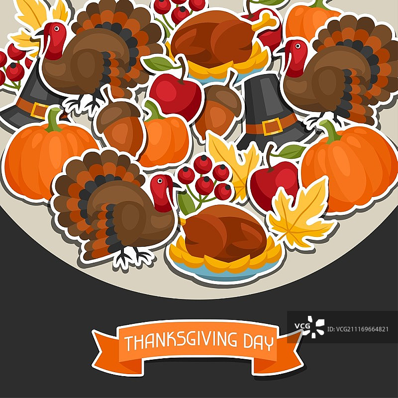 感恩节快乐背景设计与节日贴纸对象图片素材
