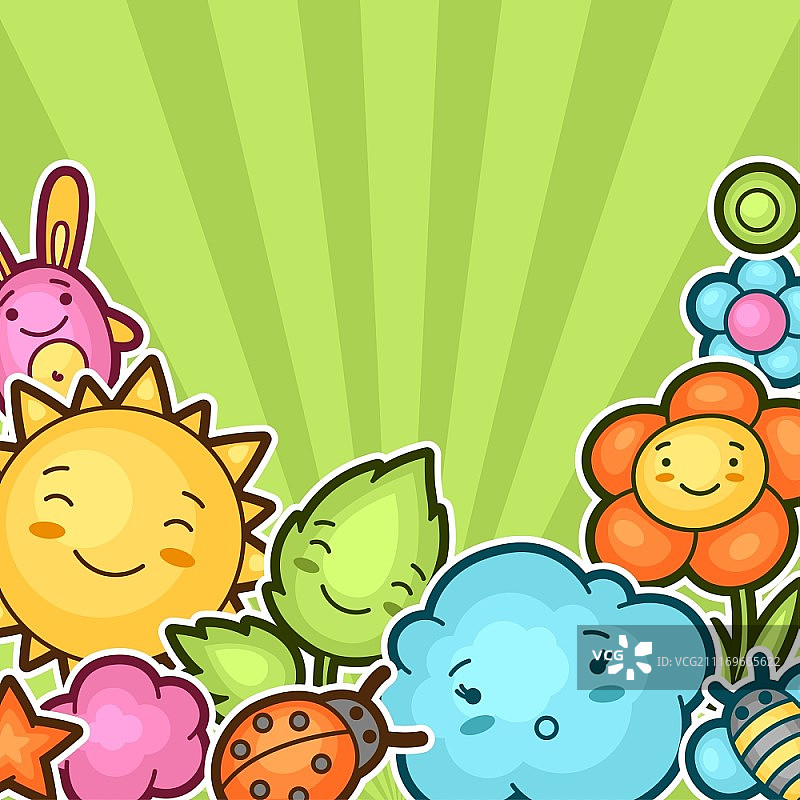 带有可爱涂鸦的儿童背景：阳光、云朵、花朵、树叶、甲虫和装饰物图片素材