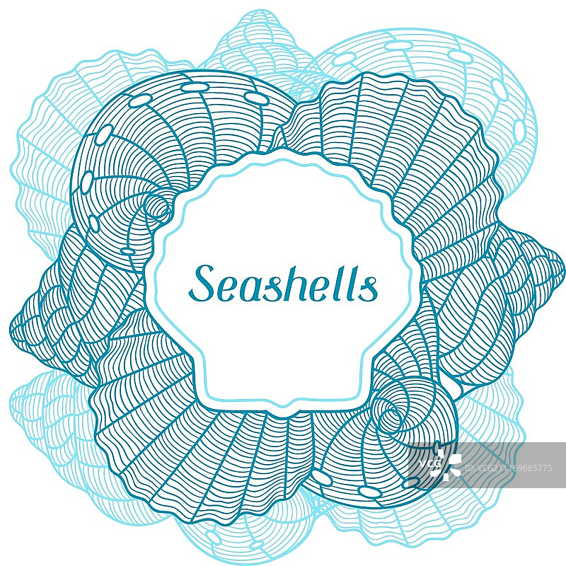 海洋背景与程式化的贝壳。卡片、封面和宣传册设计。图片素材