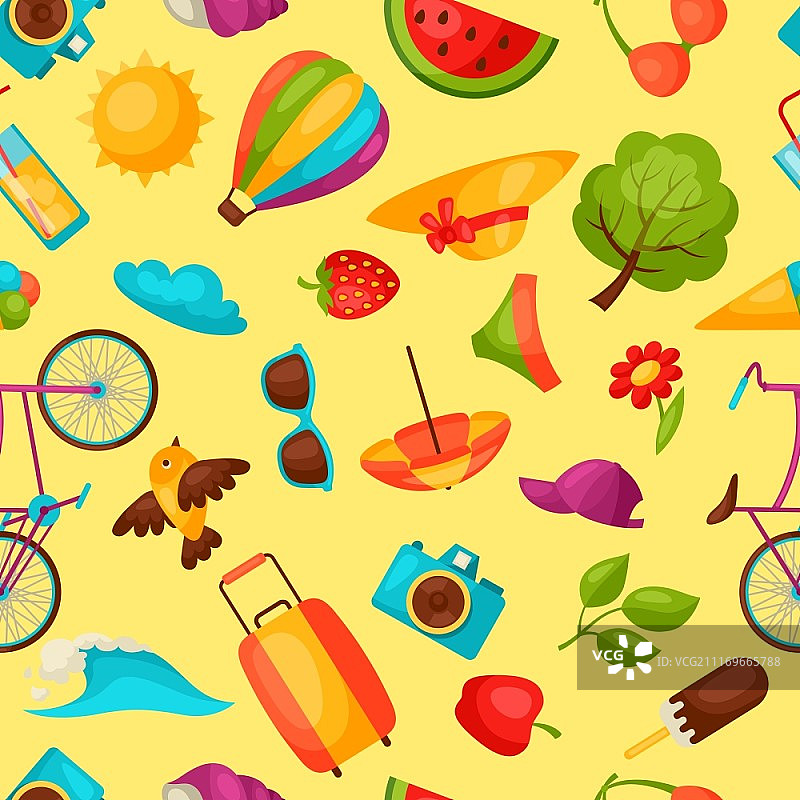 程式化夏季物品无缝图案，背景无剪切蒙版，易于用作背景、纺织品、包装纸图片素材