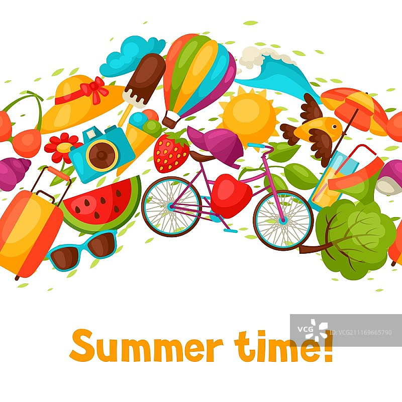 程式化夏季物品无缝图案，背景无剪切蒙版，易于用作背景、纺织品、包装纸图片素材