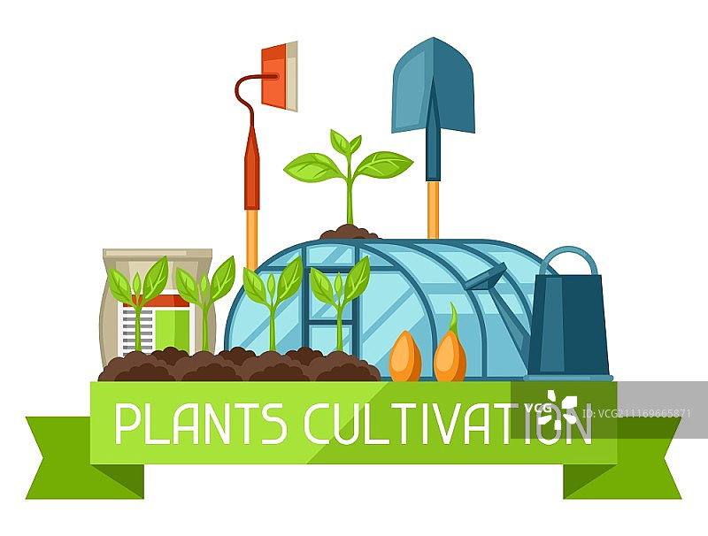 农业工具概念：耕作设备、植物幼苗培育、生长阶段、肥料和温室图片素材