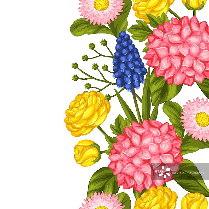 花园花卉无缝图案：装饰绣球花、毛茛花、风信子和雏菊，适用于背景、纺织品、包装纸和壁纸图片素材