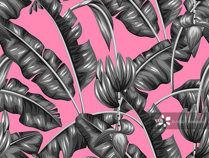 香蕉叶无缝图案：热带树叶、花卉和水果装饰图，适用于背景、纺织品和包装纸图片素材