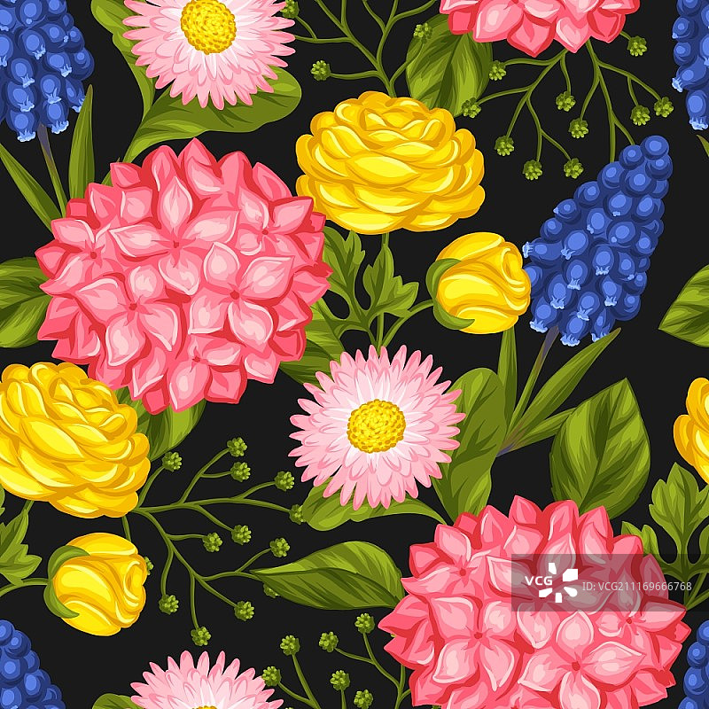花园花卉无缝图案：装饰绣球花、毛茛花、风信子和雏菊，适用于背景、纺织品、包装纸和壁纸图片素材