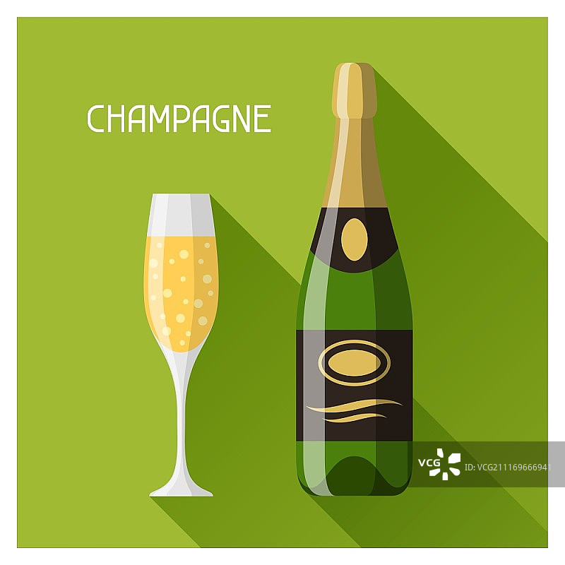 扁平设计风格的瓶子和香槟酒杯图片素材