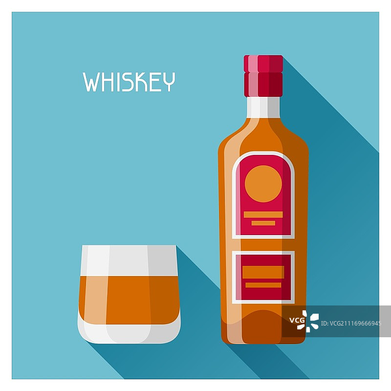 扁平风格威士忌酒瓶和酒杯图片素材