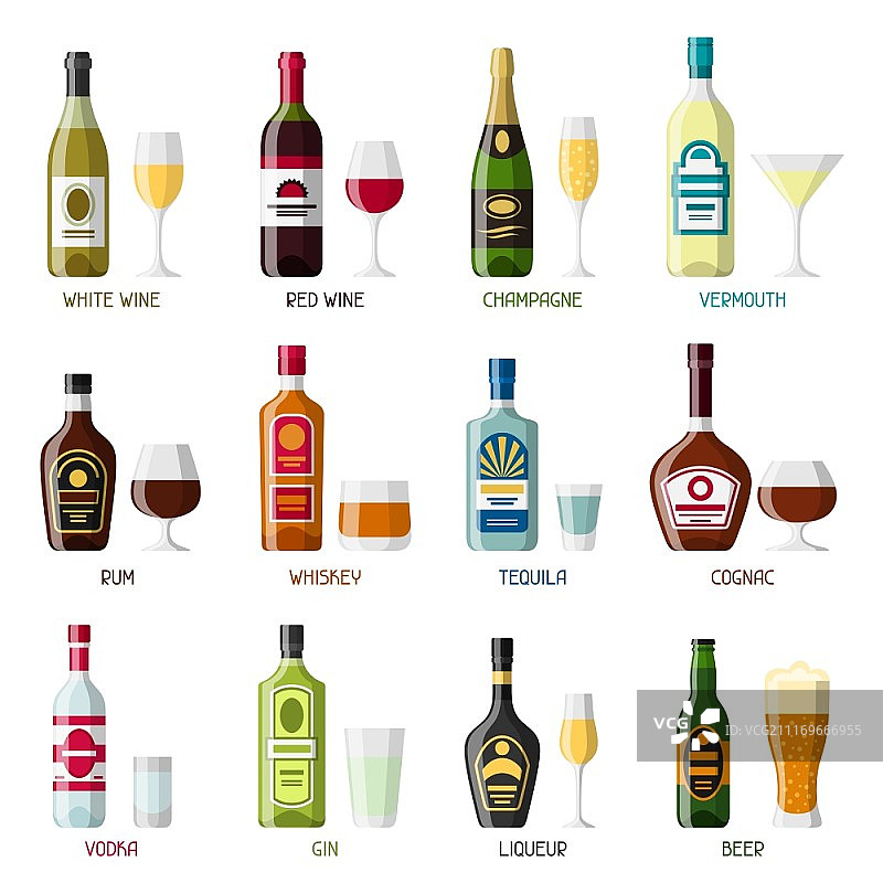 酒精饮料图标集：餐厅和酒吧的瓶子、玻璃杯图片素材
