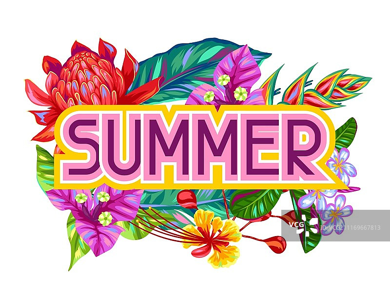 以泰国花卉为主题的印刷图案：热带多色植物、叶子和花蕾图片素材