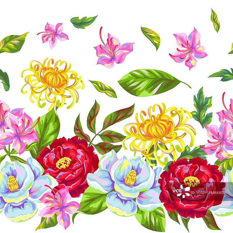 中国风花卉无缝图案。玉兰、牡丹、杜鹃和菊花的明亮花蕾。图片素材