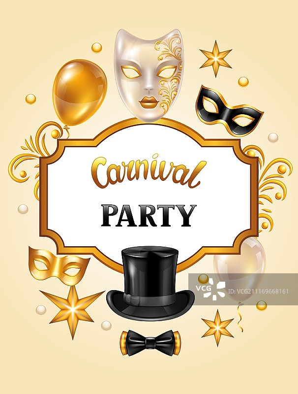 带金色面具和装饰的嘉年华邀请卡，庆祝派对背景图片素材