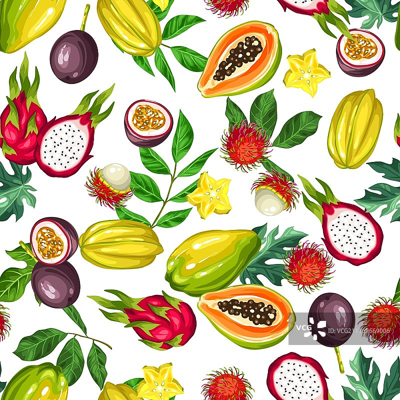 异国热带水果无缝图案：亚洲植物插画图片素材