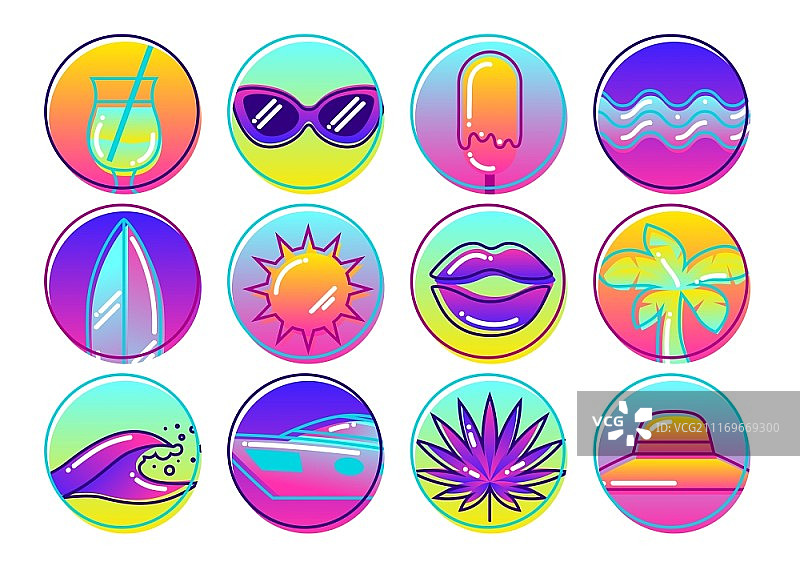 程式化的夏季物品套装，鲜艳色彩抽象插画图片素材