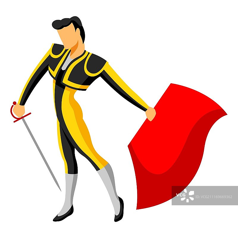 传统西班牙斗牛：斗牛士与剑和红披风图片素材