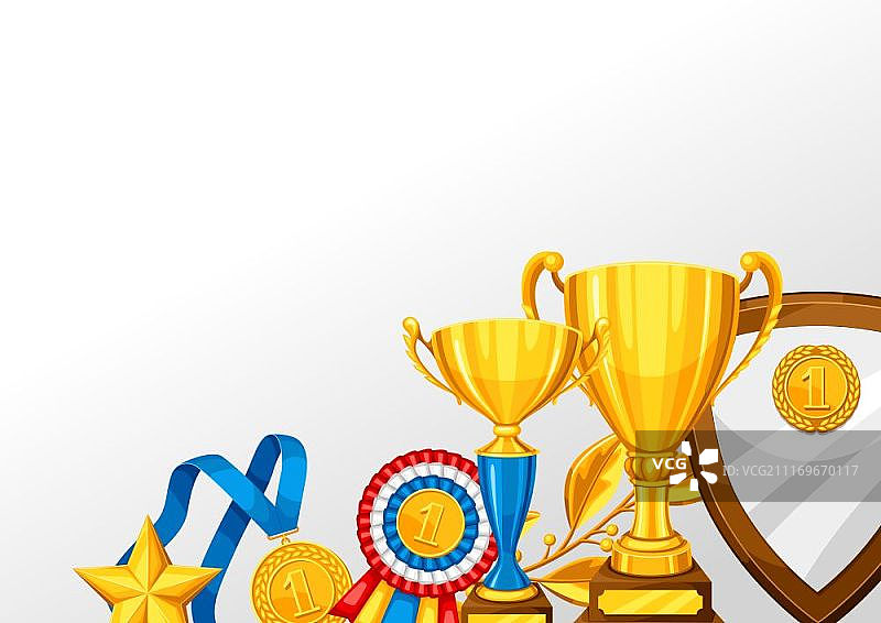 逼真金色奖杯及其他奖项背景（含文本区域）图片素材