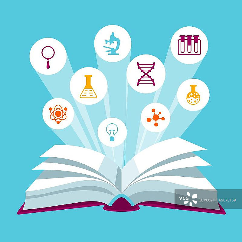 带有教育图标的打开的书本概念。学校和教育机构插图图片素材